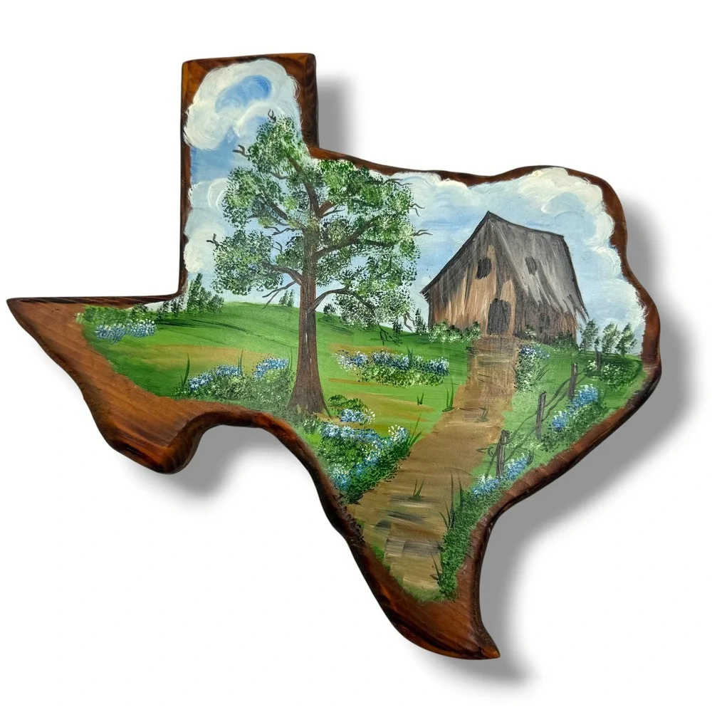 Texas Wall Art Bluebonnets Hand Painted Shaped Wood Plaque Barn Hanging‎